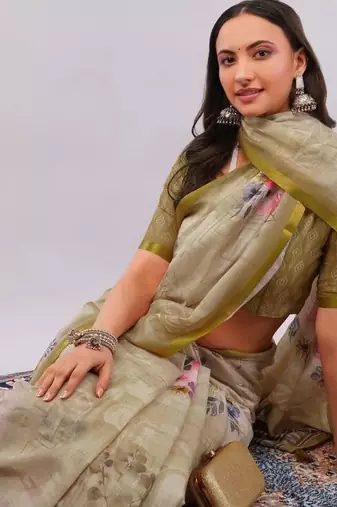 Beige pure linen printed saree with blouse