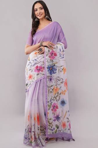 Purple pure linen printed saree with blouse