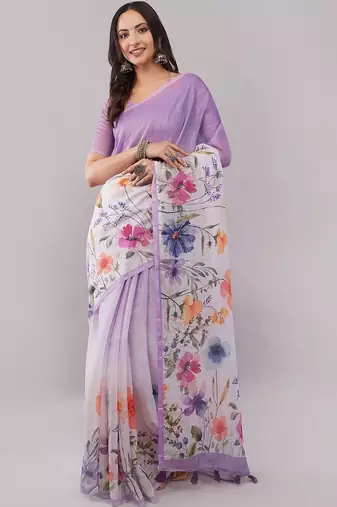 Purple pure linen printed saree with blouse
