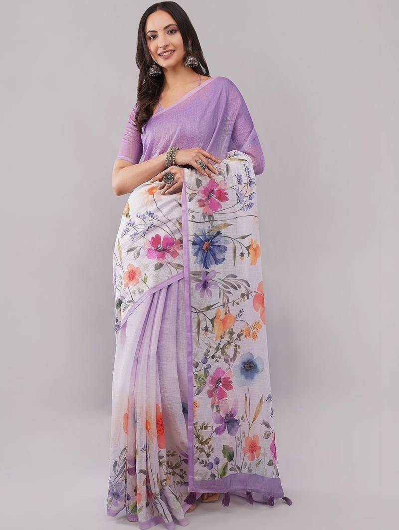 Purple pure linen printed saree with blouse