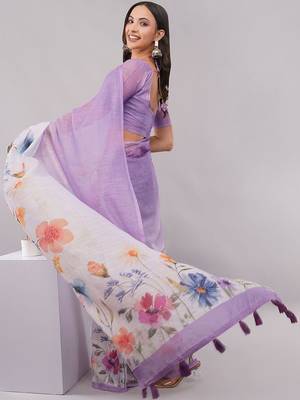 Purple pure linen printed saree with blouse 2