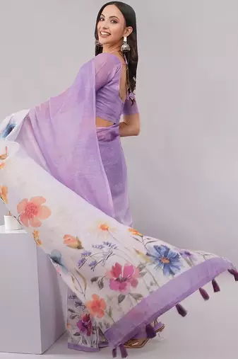 Purple pure linen printed saree with blouse