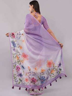 Purple pure linen printed saree with blouse 3