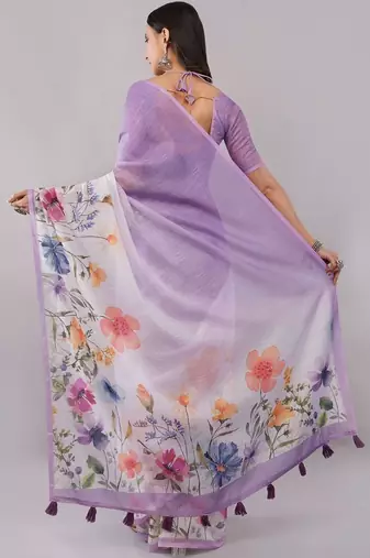 Purple pure linen printed saree with blouse