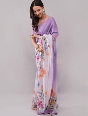 Purple pure linen printed saree with blouse 4