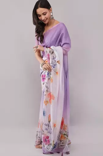 Purple pure linen printed saree with blouse