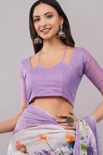 Purple pure linen printed saree with blouse
