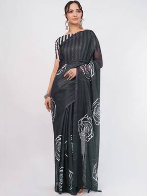 Charcoal pure linen printed saree with blouse 1