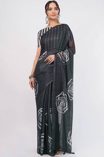 Charcoal pure linen printed saree with blouse