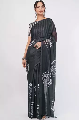 Charcoal pure linen printed saree with blouse