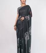 Charcoal pure linen printed saree with blouse