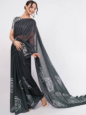 Charcoal pure linen printed saree with blouse 2
