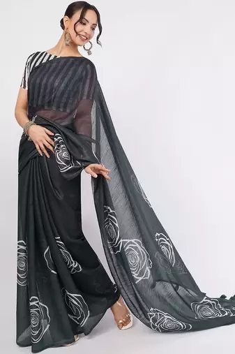 Charcoal pure linen printed saree with blouse