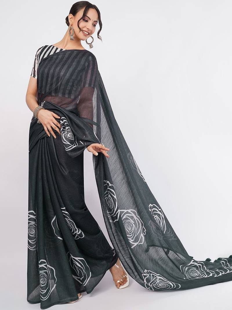Charcoal pure linen printed saree with blouse