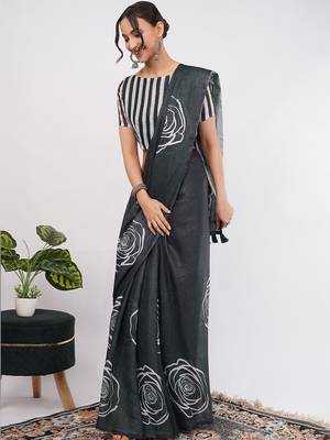 Charcoal pure linen printed saree with blouse 3