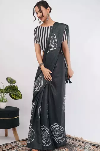 Charcoal pure linen printed saree with blouse