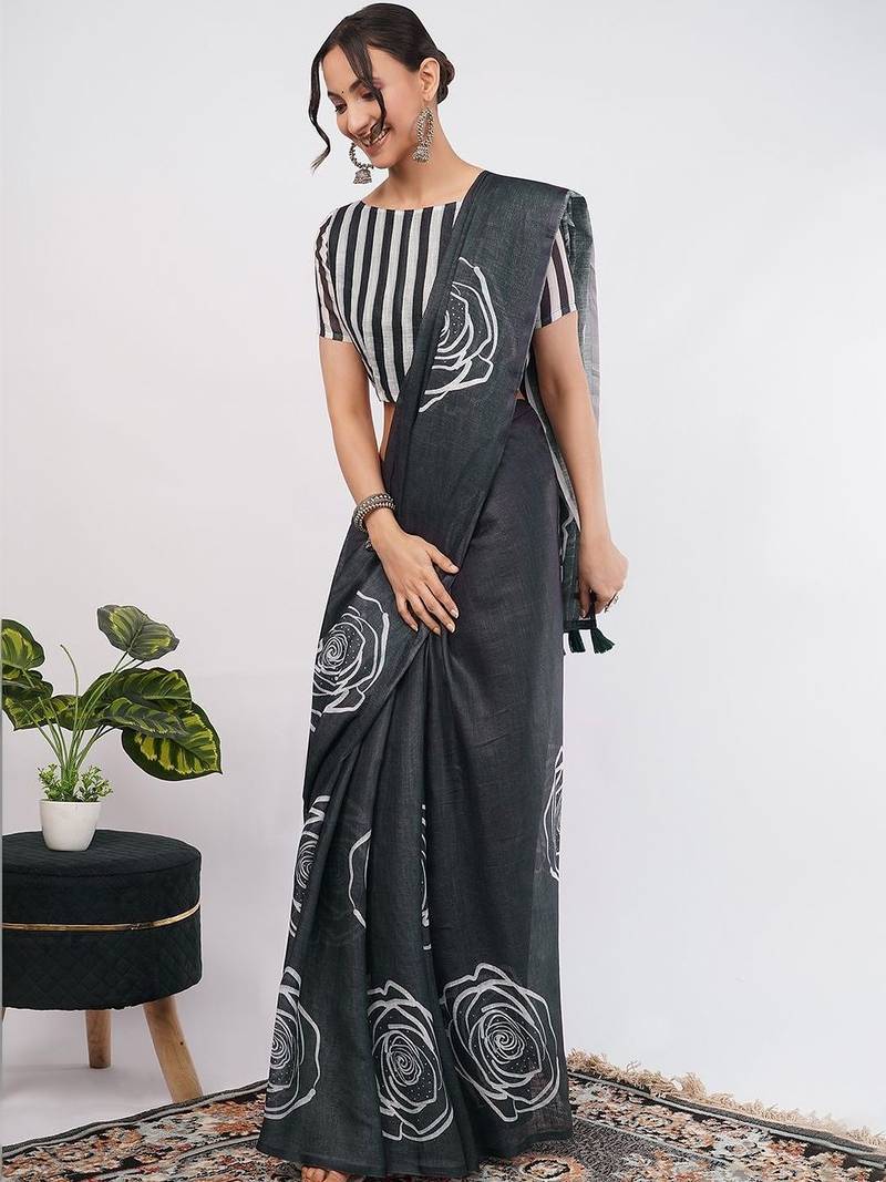 Charcoal pure linen printed saree with blouse