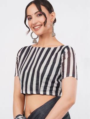 Charcoal pure linen printed saree with blouse 4