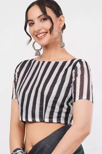 Charcoal pure linen printed saree with blouse