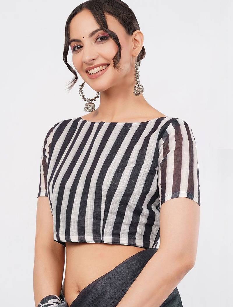 Charcoal pure linen printed saree with blouse