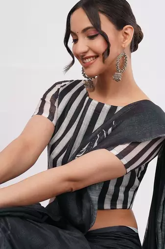 Charcoal pure linen printed saree with blouse