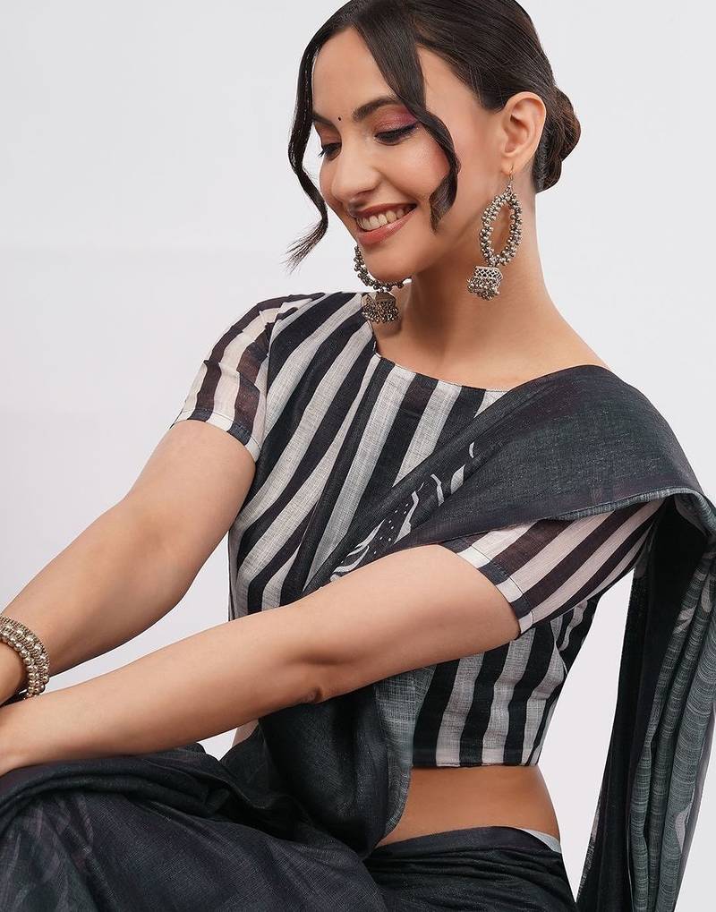 Charcoal pure linen printed saree with blouse