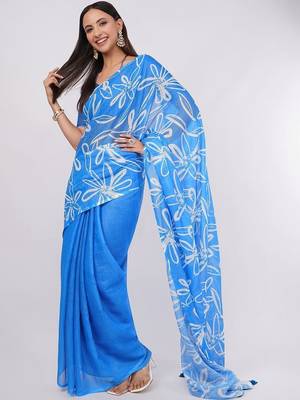 Blue pure linen printed saree with blouse 1