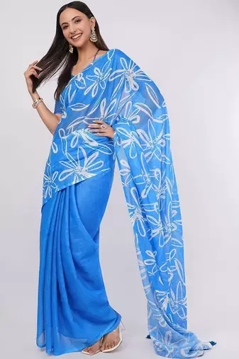 Blue pure linen printed saree with blouse