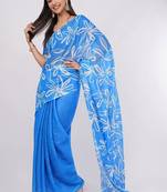 Blue pure linen printed saree with blouse