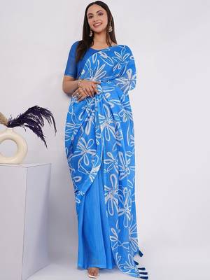 Blue pure linen printed saree with blouse 2