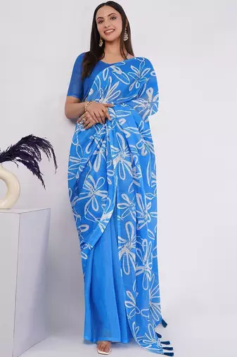 Blue pure linen printed saree with blouse