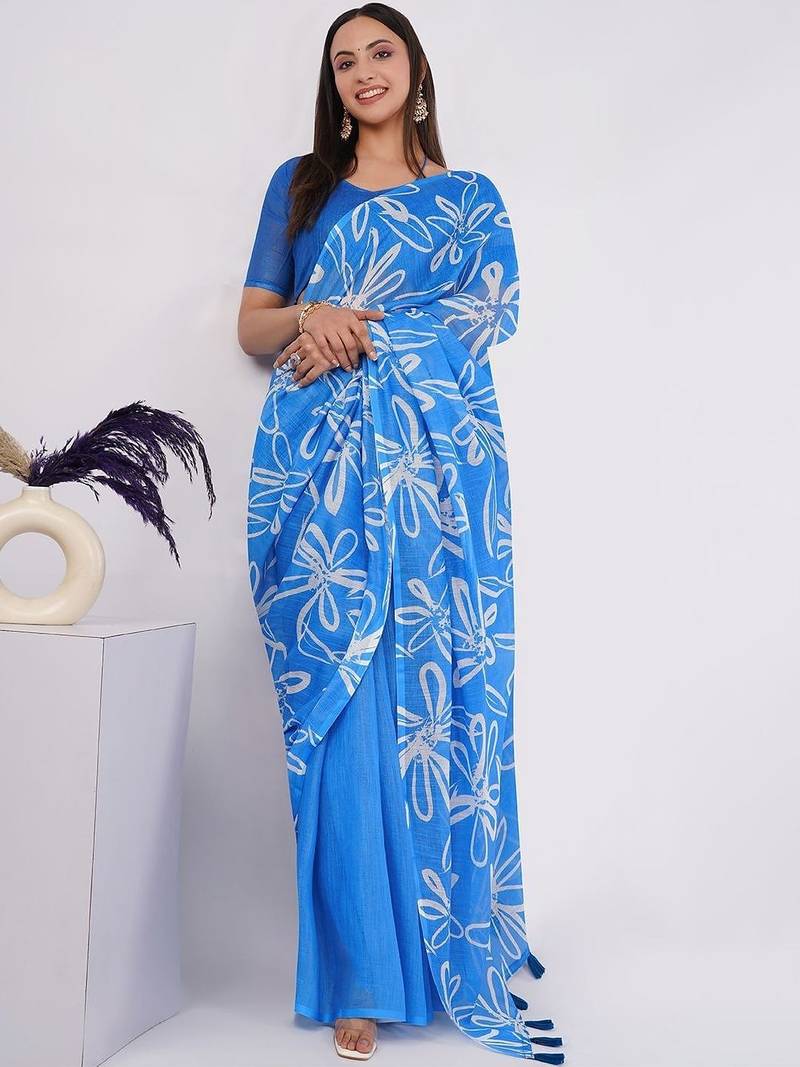 Blue pure linen printed saree with blouse