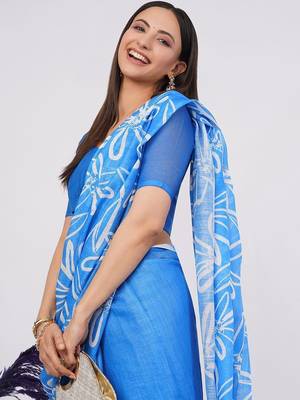Blue pure linen printed saree with blouse 3