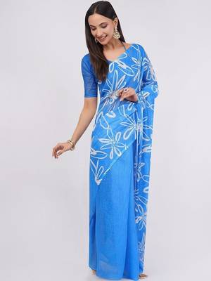 Blue pure linen printed saree with blouse 4