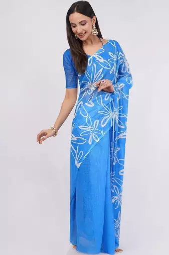 Blue pure linen printed saree with blouse