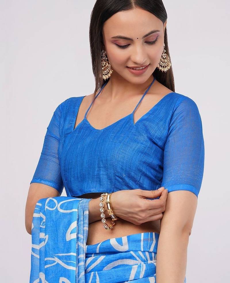 Blue pure linen printed saree with blouse