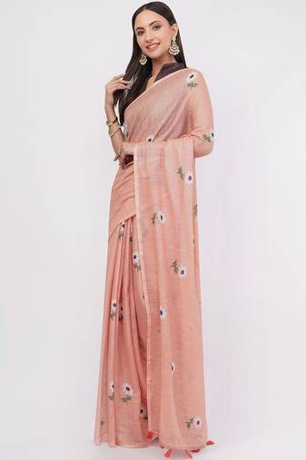 Peach pure linen printed saree with blouse