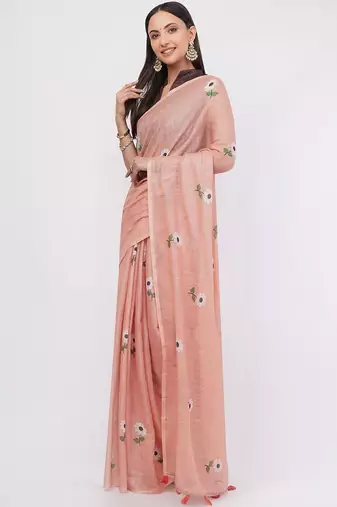 Peach pure linen printed saree with blouse