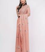 Peach pure linen printed saree with blouse