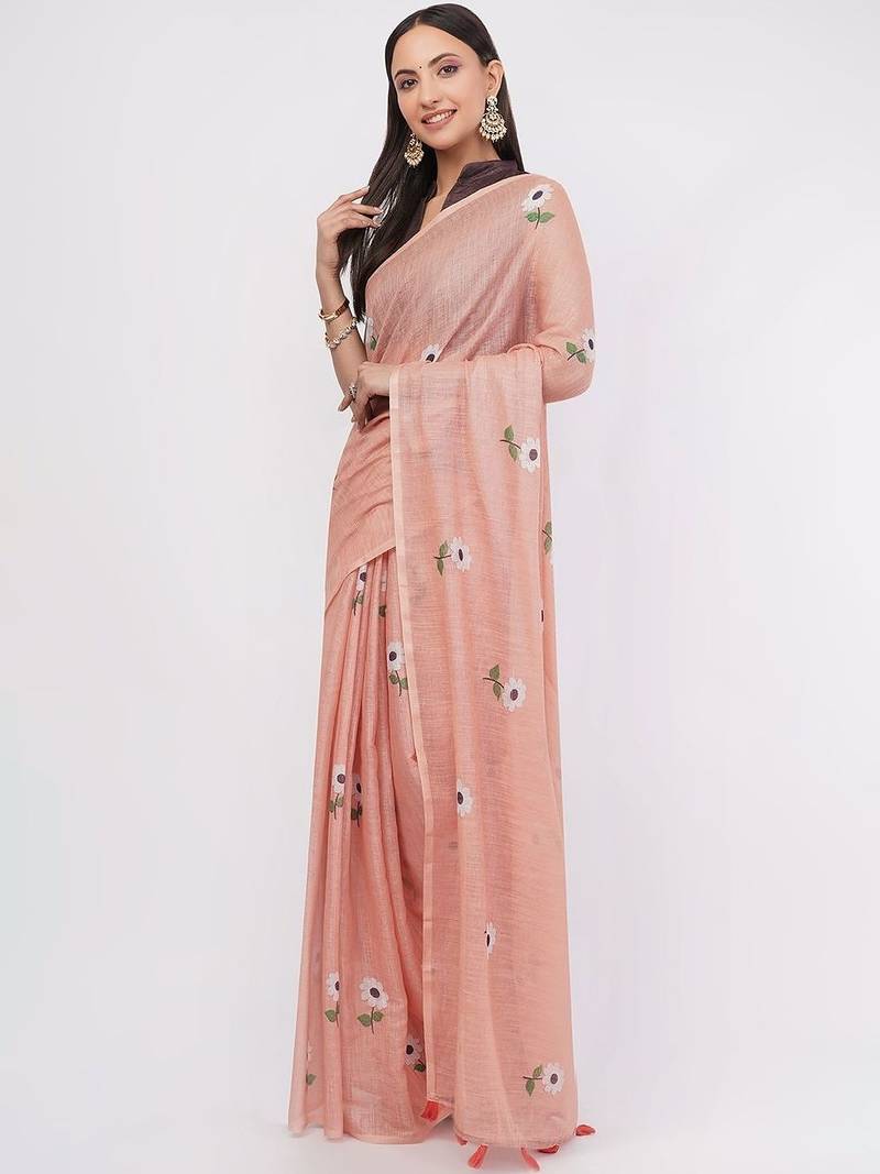 Peach pure linen printed saree with blouse