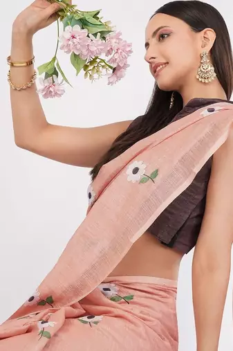 Peach pure linen printed saree with blouse