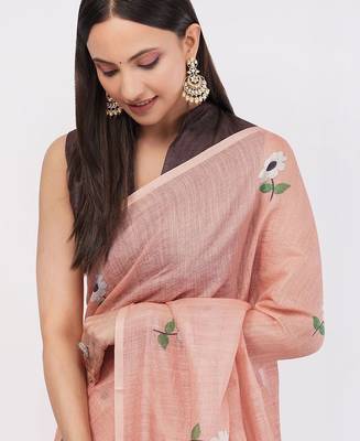 Peach pure linen printed saree with blouse 3
