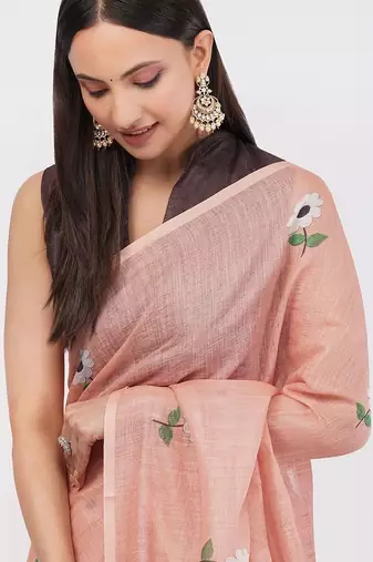 Peach pure linen printed saree with blouse