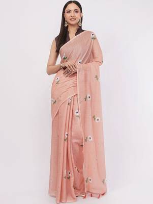 Peach pure linen printed saree with blouse 4