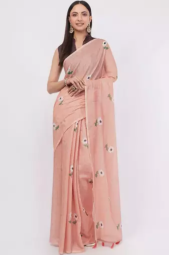 Peach pure linen printed saree with blouse