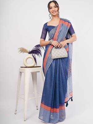 Blue pure linen striped saree with blouse 1