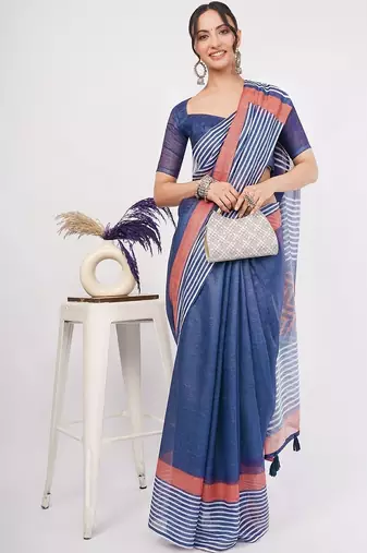 Blue pure linen striped saree with blouse