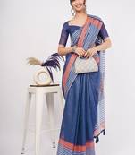Blue pure linen striped saree with blouse