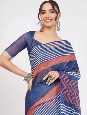 Blue pure linen striped saree with blouse 2