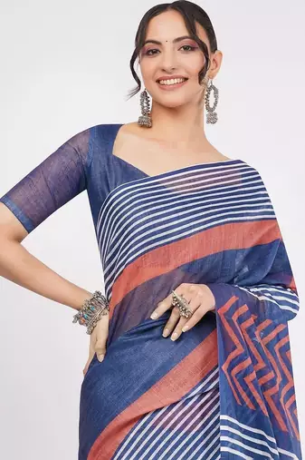 Blue pure linen striped saree with blouse